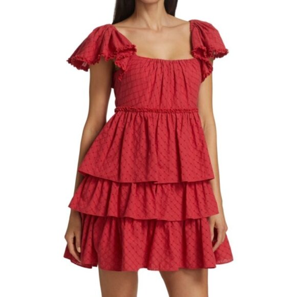 CINQ À SEPT 'Marcia' Lace-Up Back Tiered Eyelet Dress, Grapefruit - Picture 1 of 4